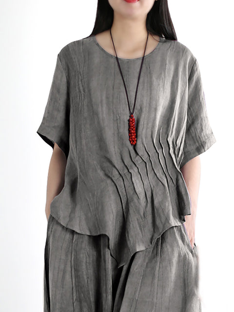 Plus Size Women Vintage Solid Linen Cotton Shirt+Pants