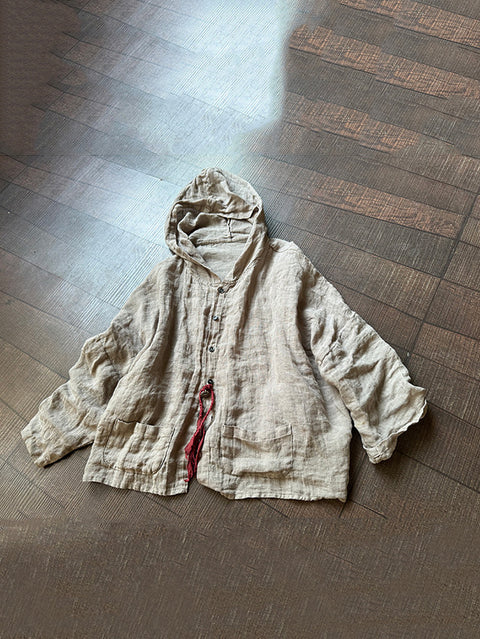 Women Summer Vintage Linen Solid Button-up Hooded Shirt