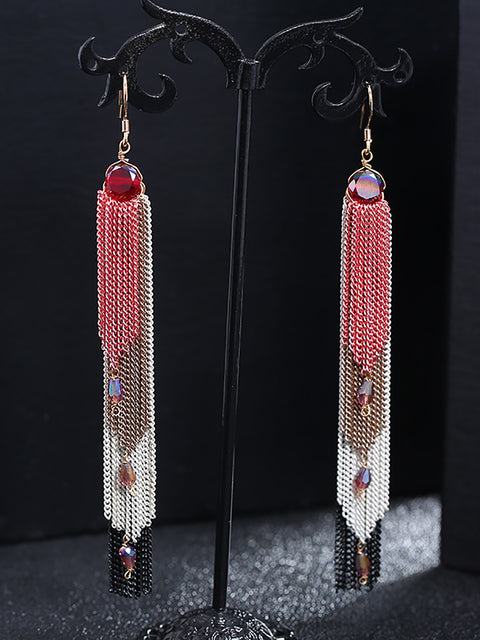 Women Vintage Bead Knitted Tasel Sliver Earrings