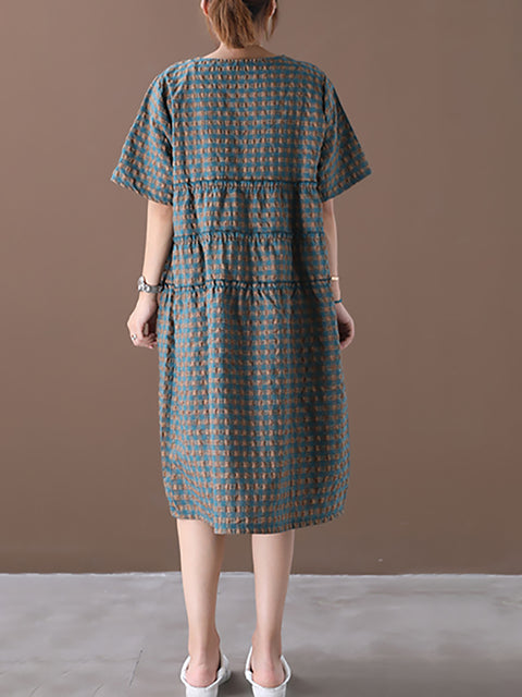 Plus Size Summer Plaid Round Neck Cotton Linen Midi Dress