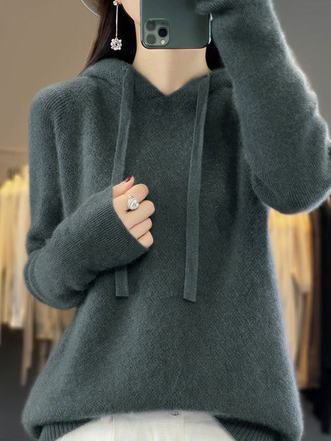 Women Winter Casual Solid Hooded Wool Sweater