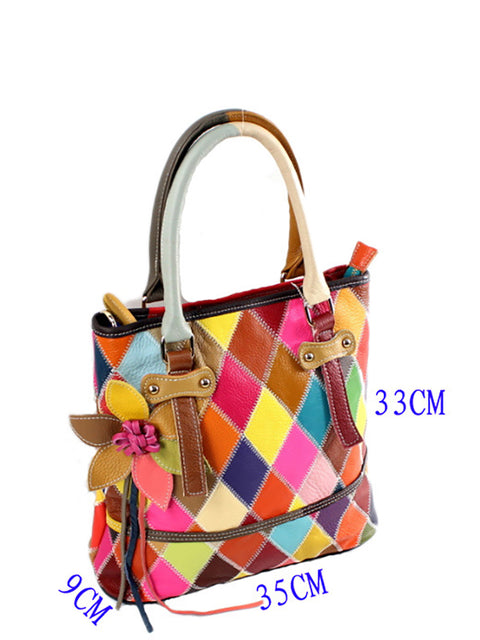 Women Color Contrast Leather Flower Handbag