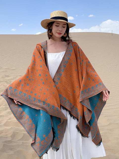 Women Ethnic Star Print Hooded Scarf Shawl