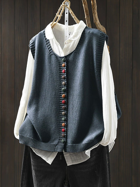 Women Casual Autumn Wool O-Neck Colorful Button Knit Vest