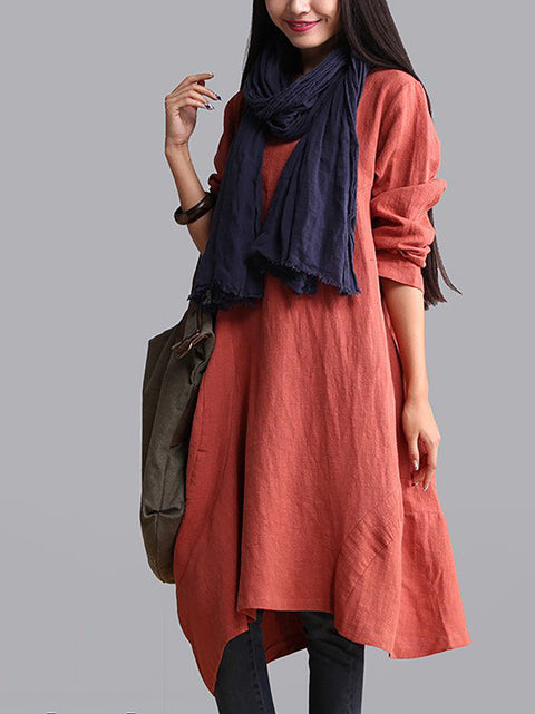 Plus Size Women Autumn Casual Solid Loose Dress