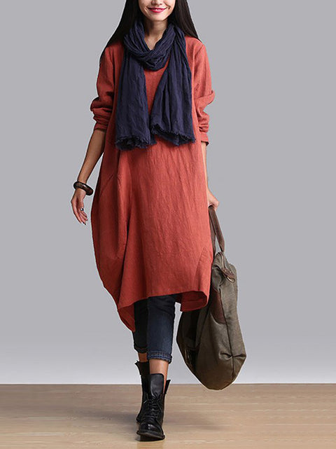 Plus Size Women Autumn Casual Solid Loose Dress