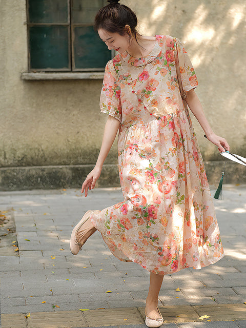 Plus Size Women Vintage Summer Floral Button Loose Ramie Dress