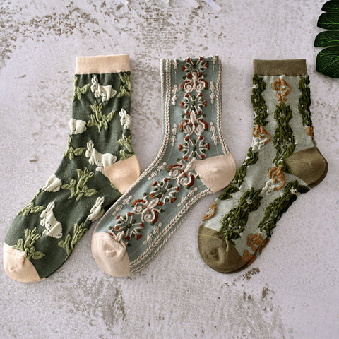 5 Pairs Women Spring Vintage Plant Jacquard Socks