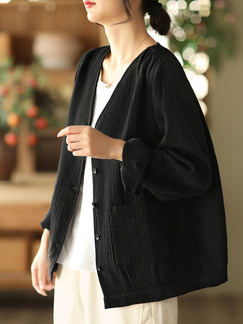 Women Solid Casual Pocket Button Loose Shirt Coat