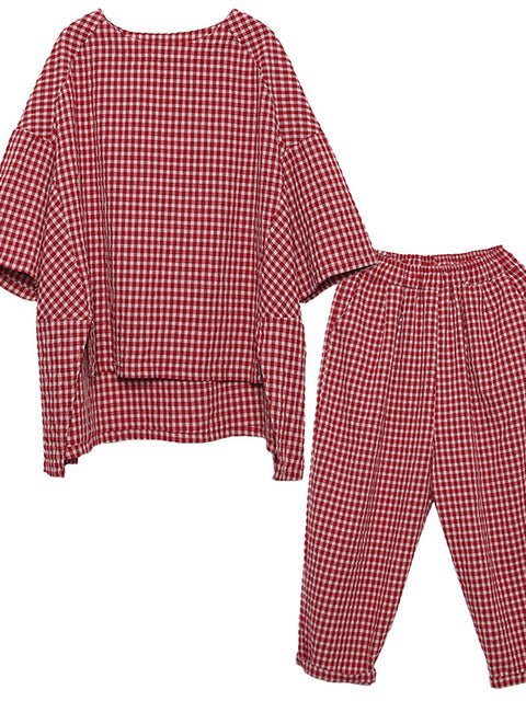 Plus Size Cotton Linen Plaid Retro Blouse And Pants