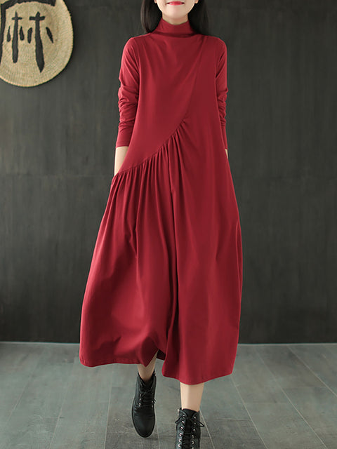 Plus Size - Solid Color Draped High Neckline Dress