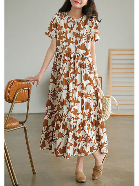 Cotton O-neck Floral Dress