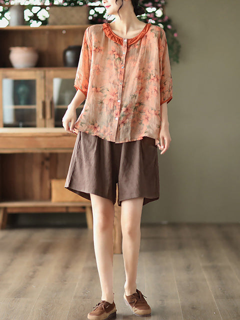 Plus Size Floral Ramie Vintage Summer Women Shirt