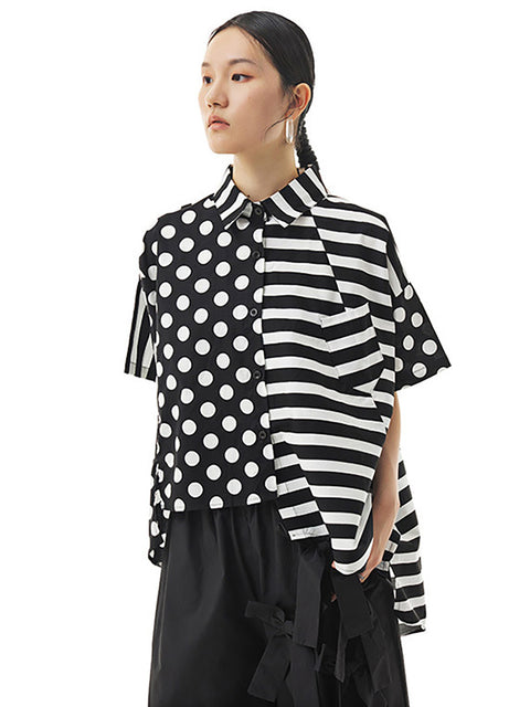 Plus Size Women Cotton Stripe Dot Loose Irregular Shirt