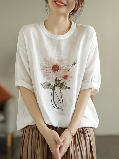 Plus Size Women Linen Casual Summer Flower Short Sleeve T-Shirt