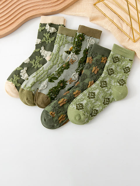 5 Pairs Girls Vintage Floral Court Style Socks