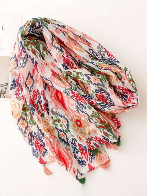 Women Multicolor Print Tassel Scarf