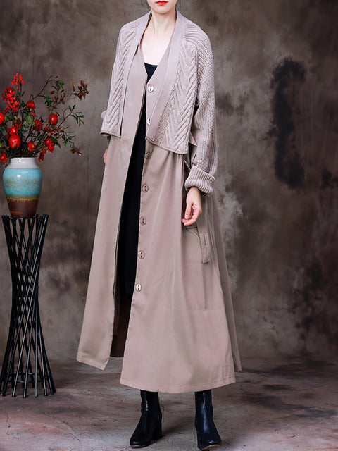 Autumn Women Knitted Stitching Fake Two-Piece Coat