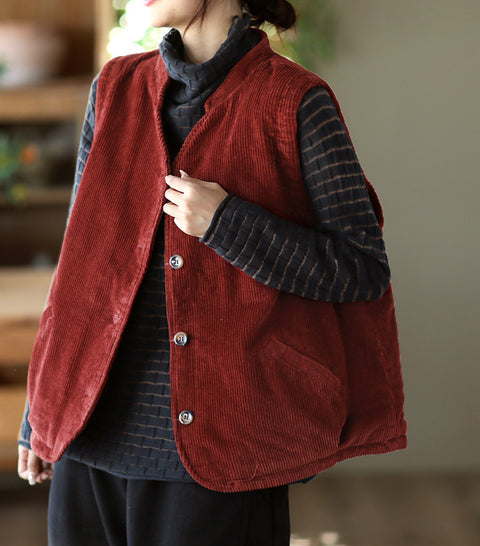 Plus Size Women Vintage Cotton Corduroy Loose Padded Vest