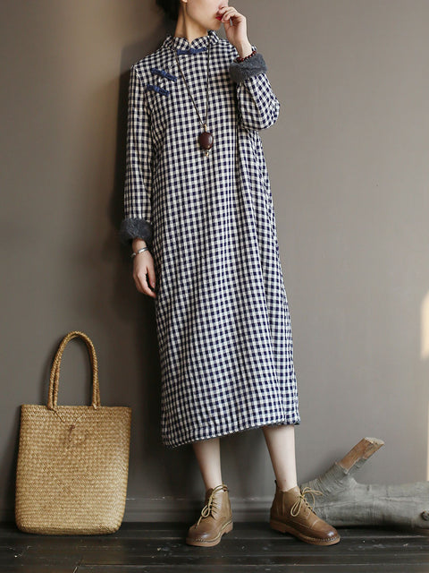 Chinese Style Women Winter Frog Thick Plaid Robe Dress