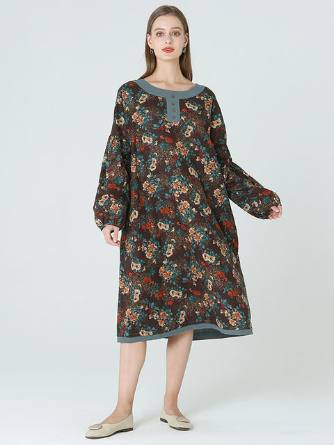 Plus Size Floral Long Sleeve Spring Autumn Loose Long Dress