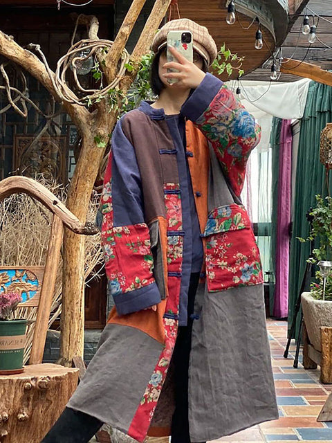 100% Cotton Stand Collar Floral Patchwork Long Coat