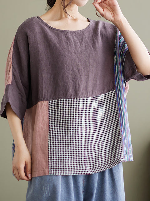 Plus Size Vintage Short Sleeve Women Patchwork Loose Shirt