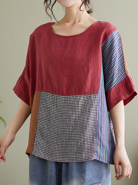 Plus Size Vintage Short Sleeve Women Patchwork Loose Shirt