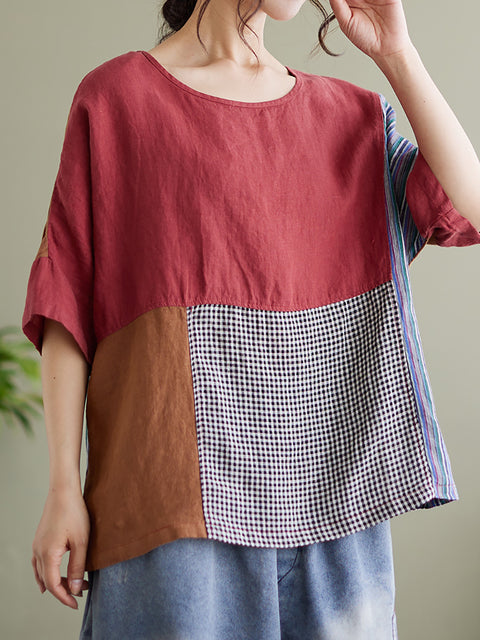 Plus Size Vintage Short Sleeve Women Patchwork Loose Shirt