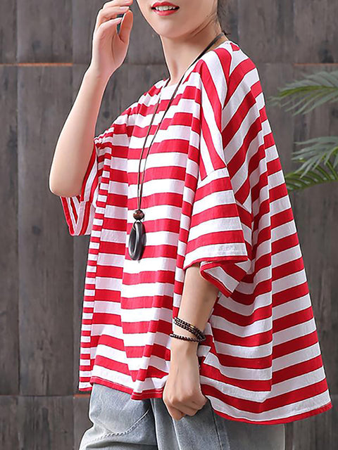 Plus Size - Buykud 100% Cotton Striped Casual T-Shirt