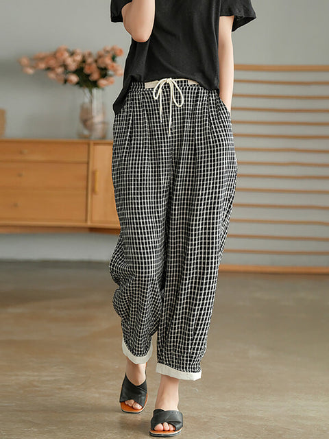 Plus Size Women Plaid Drawstring Pocket Casual Pants