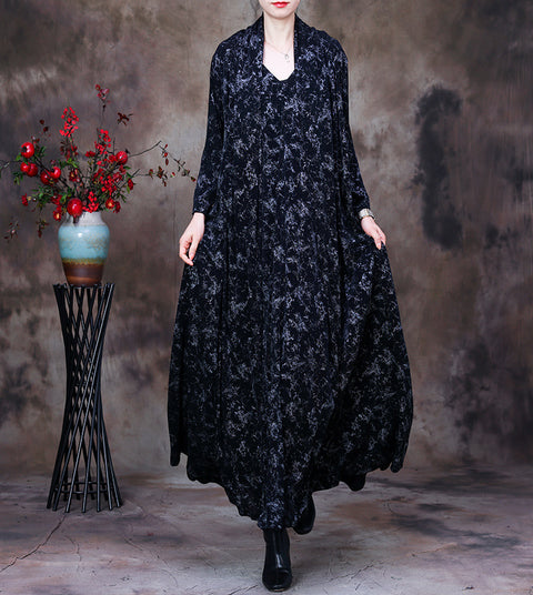 Plus-Size Women Vintage Floral V-Neck Loose Dress