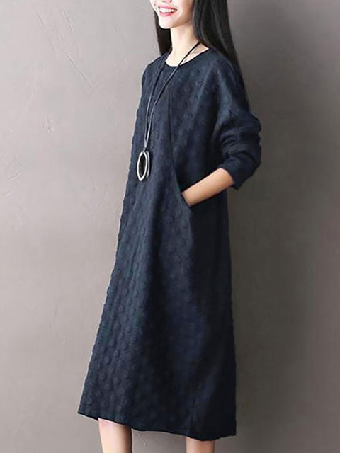 Plus Size Polka Dot Stretch Cotton Long Sleeve Dress