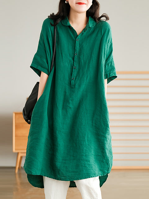 Plus Size Linen Women Casual Pure Color Split Shirt