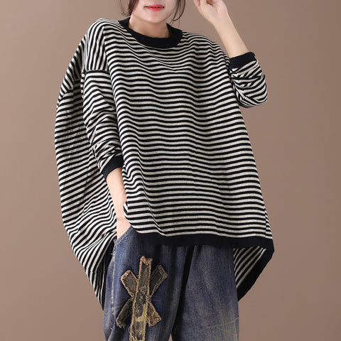 Buykud Ultra-loose Classic Striped Round Neck Sweater